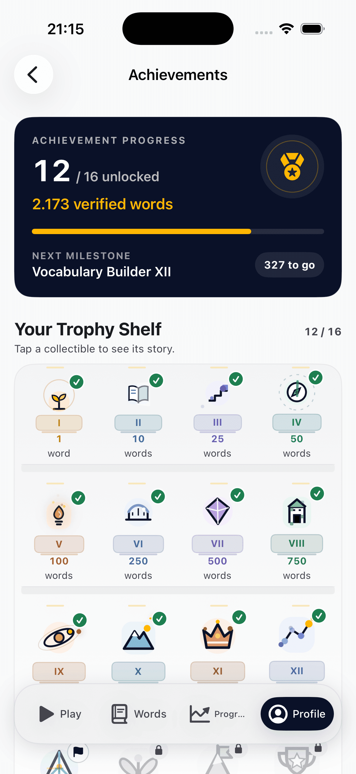VocaNum’s trophy shelf shows unlocked vocabulary milestones from 1 and 10 words through 25, 50, 100, 250, 500, and 750 words.
