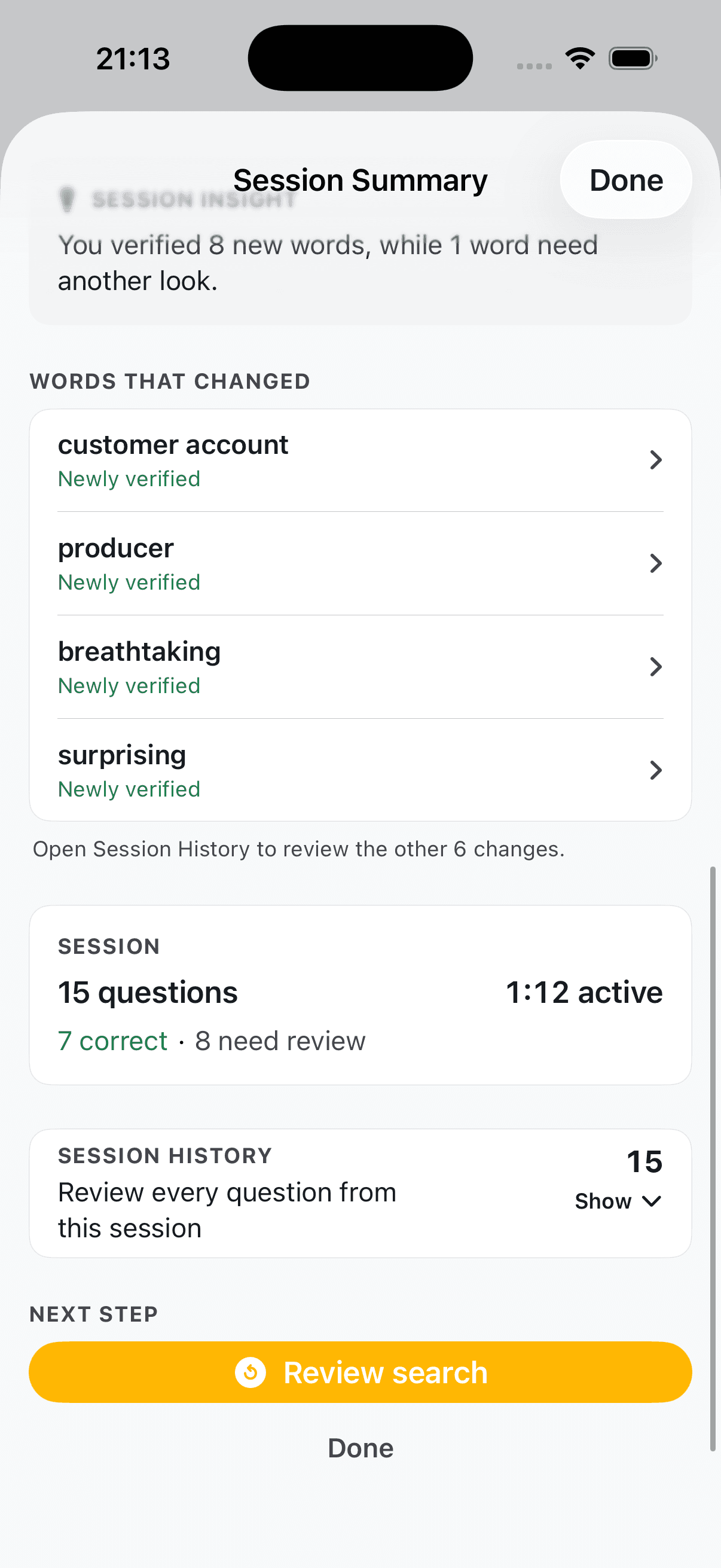 The same real session lists customer account, producer, breathtaking, and surprising as newly verified words.