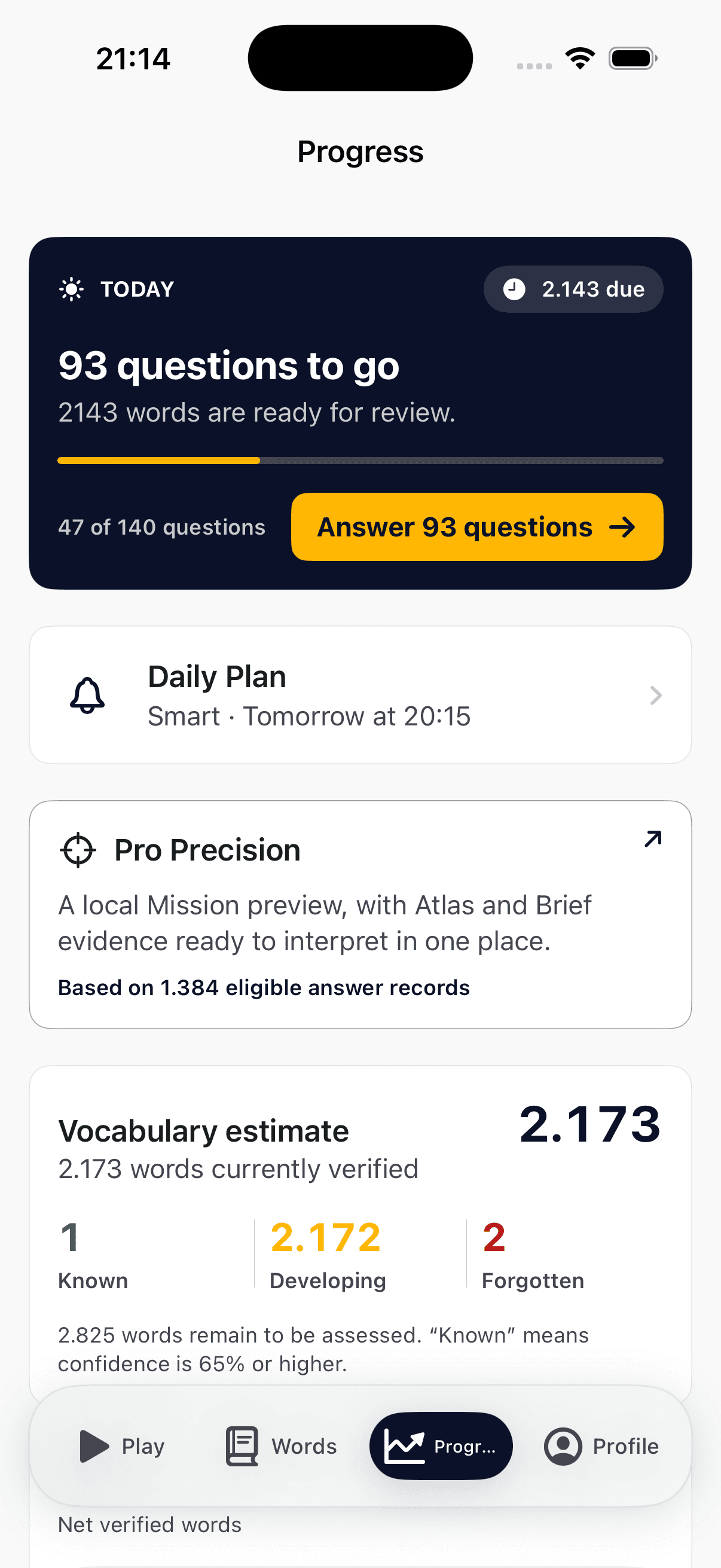 The real vocabulary estimate card: 2,173 currently verified words, with known, developing, and forgotten categories.