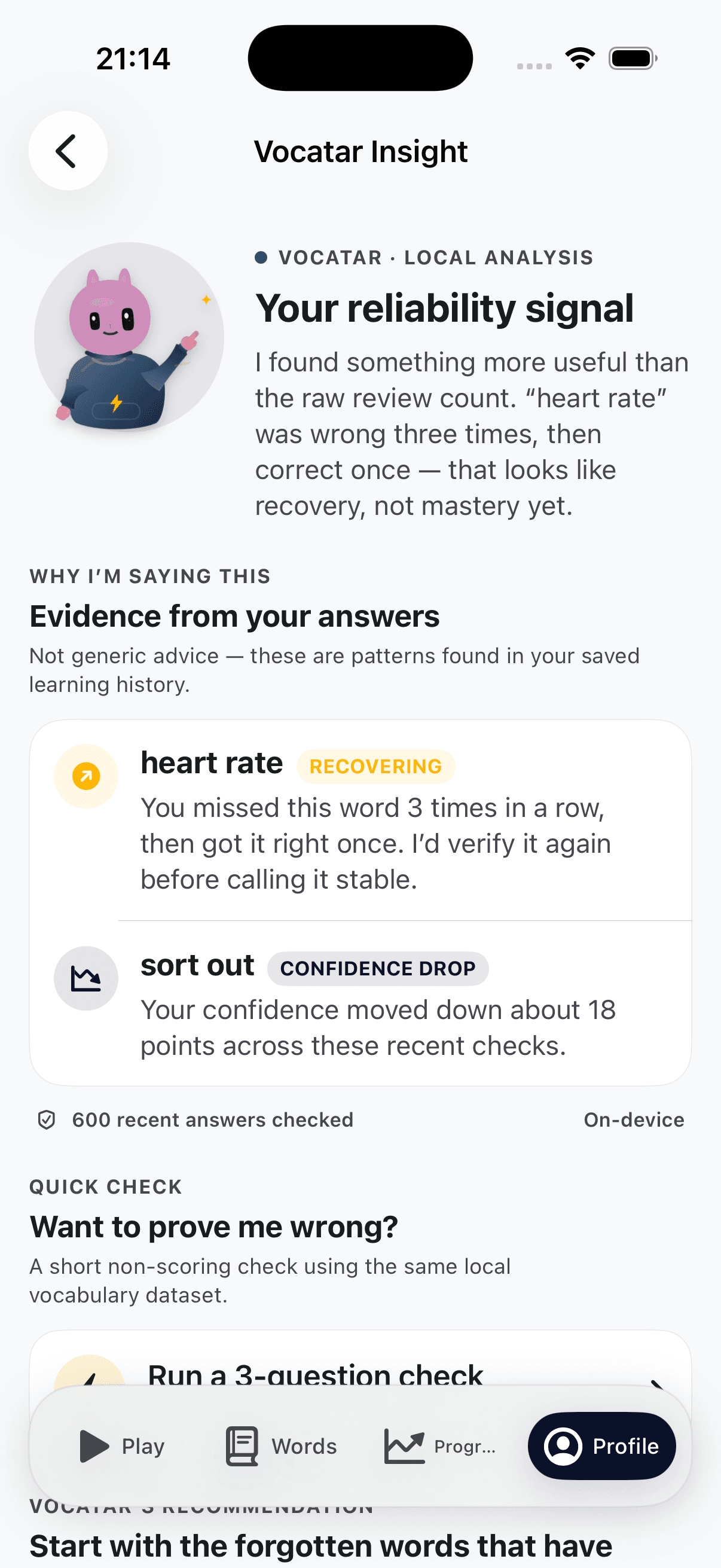 VocaTar’s real insights: “heart rate” is recovering after three misses, while “sort out” has a confidence drop across recent checks.