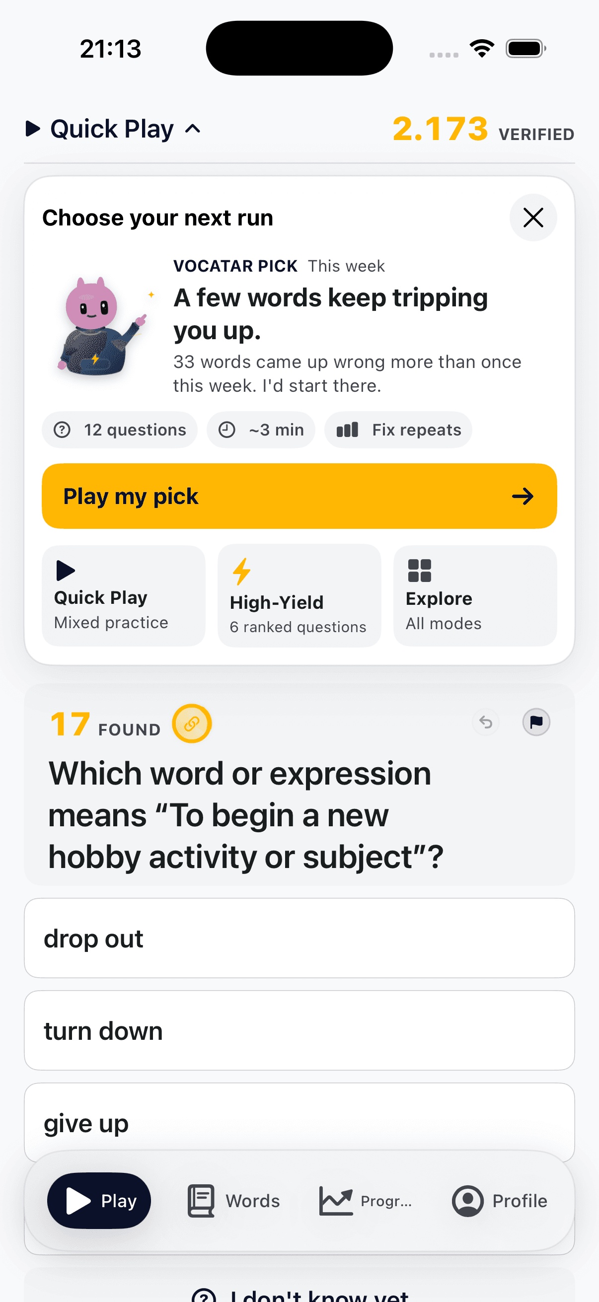 Vocatar recommends a short practice session for words you have missed more than once.