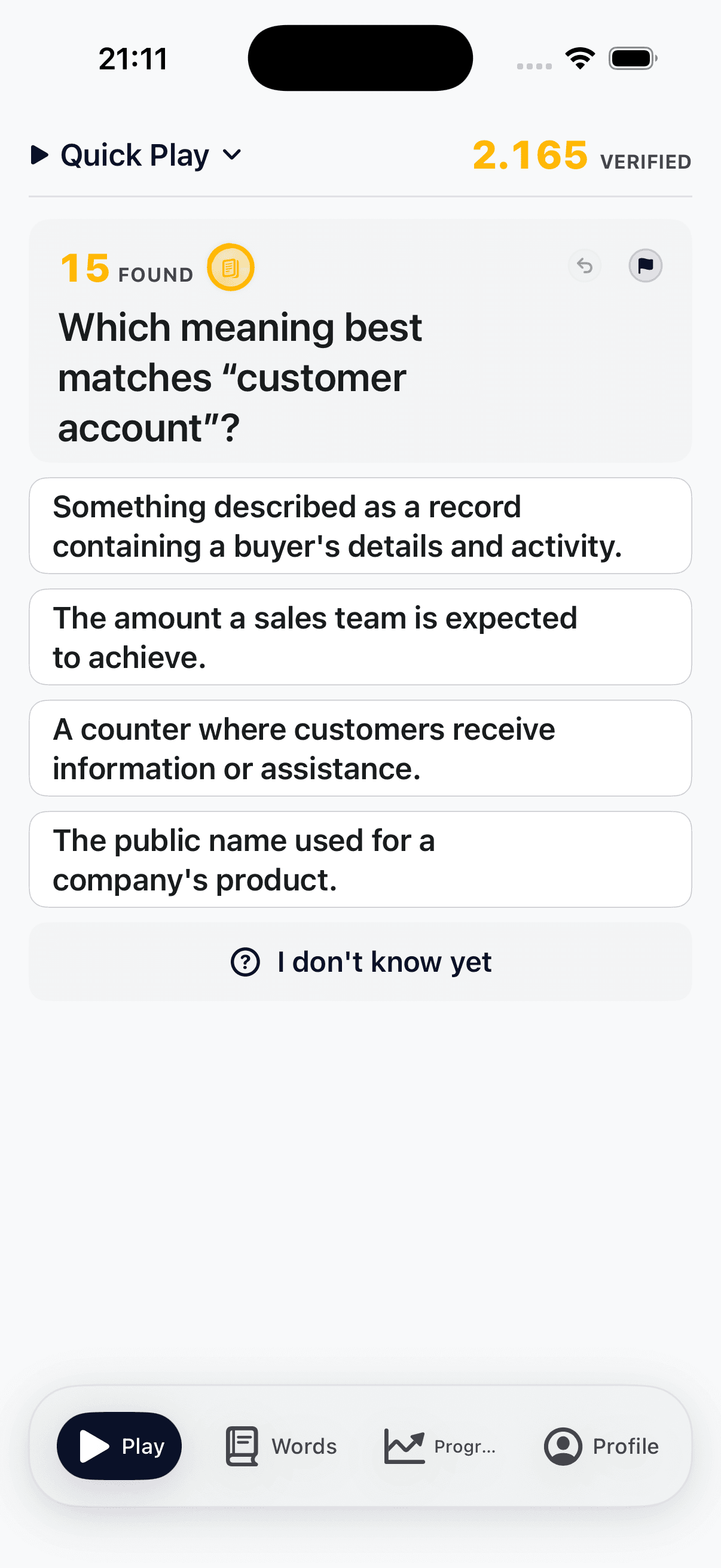 VocaNum Quick Play on iPhone, asking which meaning matches “customer account”, with four answers and an “I don’t know yet” option.